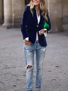 Navy blue velvet blazer for women featuring gold buttons and a slim-fit tailored design