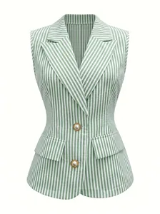 Elegante gilet senza maniche a righe verdi con risvolto e bottoni di perle decorativi