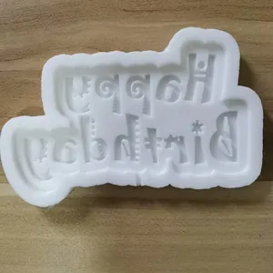 Detailed macro view of white silicone mold featuring Happy Birthday text for baking