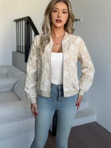 Elegante giacca bomber beige con ricami floreali e cerniera per la moda femminile