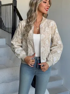 Elegante giacca bomber testurizzata floreale da donna beige, stile casual moderno