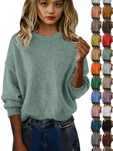 Femmes Pull en Polyester Ample Vintage Couleur Unie Douce Col Rond Manches Longues Tricot Pour Automne Hiver