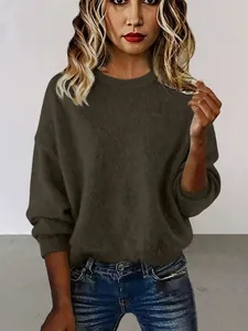 Pull-over en tricot pour femme coupe ample col rond manches longues couleur marron foncé