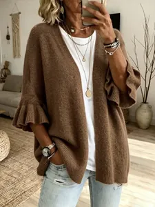 Cardigan in Maglia Taglie Forti da Donna Casuale Comodo Maniche a 3/4 con Volant Aperto Sul Davanti Maglione