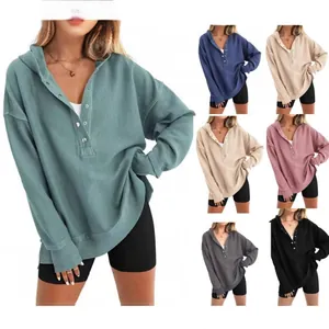 Sweat à Capuche Décontracté en Maille Gauffrée pour Femmes Col Henley à Boutons Pull Ample Manches Raglan Couleur Unie