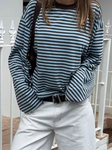 Retro blauw en bruin horizontaal gestreept T-shirt met lange mouwen, losse pasvorm