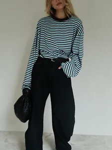 Gedetailleerd overzicht van een retro blauw en zwart gestreept T-shirt met lange mouwen.