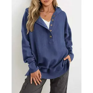 Sweat à capuche bleu en maille gaufrée surdimensionné pour femme, style d'hiver