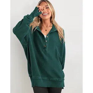 Sweat-shirt décontracté pour femme en maille côtelée vert foncé avec col polo à boutons chic