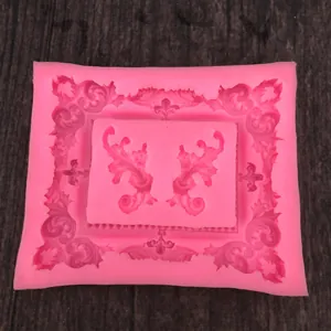 Detailed close-up view of pink vintage baroque frame silicone mold for cake decoration