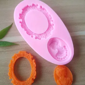 Detail of pink silicone mold showing vintage frame and lady cameo with orange samples