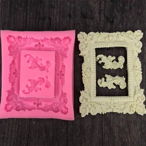 Vintage relief photo frame silicone mold with finished white resin cast on wood background