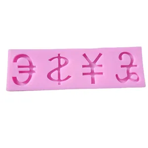 Molde de silicona rosa con símbolos de euro, dólar, yen y libra para repostería.