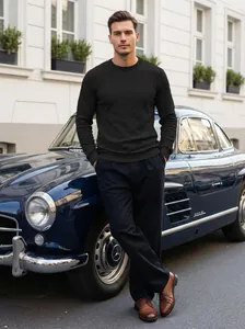 Men's premium black long sleeve jacquard casual sweater styled in a classic city scene.