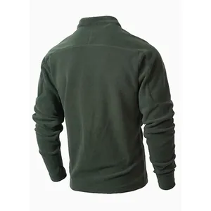 Back view of a men's dark green fleece sweatshirt jacket with a stand-up collar design