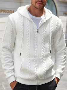 Detail of men's white zip-up hoodie with textured jacquard cable knit pattern