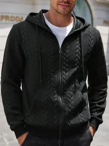 Detailed view of men's black jacquard zip-up hooded sweatshirt with a cable-knit texture.