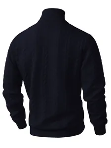 Back view of men's dark blue cable knit turtleneck sweater with ribbed cuffs and hem