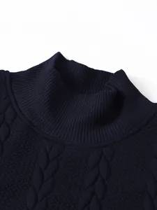 Detailed close-up showing the collar and texture of a navy blue cable knit sweater for men