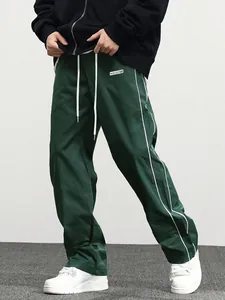 Men European High Street Woven Joggers Polyester Side Stripe Drawstring Pockets Vintage Casual Straight Leg Pants Bottom