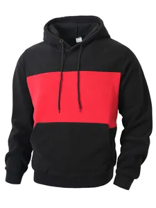 Men's casual black and red color-block fleece hoodie with drawstring hood and front pocket
