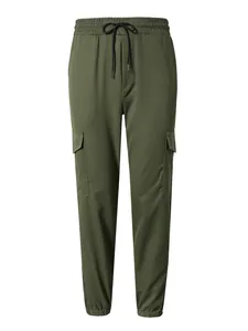 Front view of men's olive green cargo pants with drawstring waist and flap pockets