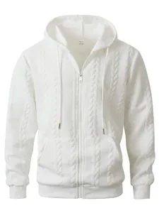 Detailed view of white cable-knit zip-up hoodie with textured pattern and hood