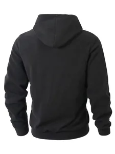 Back view of a black fleece hoodie for men, showing hood detail and ribbed sleeve cuffs.