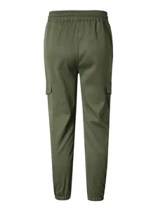Back view of men's olive green multi-pocket cargo pants with elastic waist and jogger cuffs.