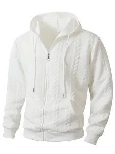 Detailed view of a men's white jacquard zip-up hoodie showing the fabric texture