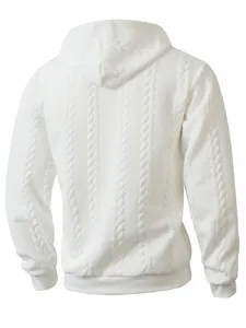 Detailed back view of a men's white cable-knit textured hoodie featuring a soft hood