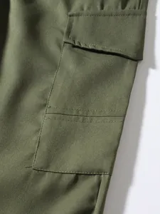 Close-up detail of side cargo pocket and durable twill fabric of army green pants