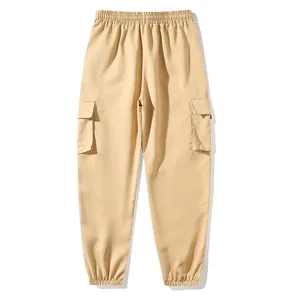 Casual khaki cargo joggers with elastic waist and side flap pockets for streetwear