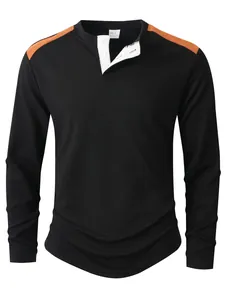 Herren Waffelstrick Henley-Langarmshirt mit weißer Knopfleiste und Kontrastschultern