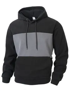 Detailed view of a men's casual color-blocked fleece hoodie featuring a drawstring hood
