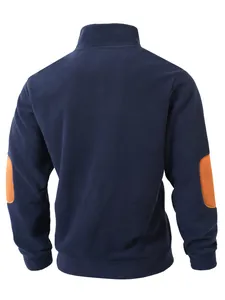 Back view of men's navy blue stand-up collar fleece sweatshirt with orange elbow patches