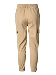 Back view of khaki men's cargo jogger pants with elastic waist and side pockets