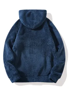 Back view of a navy blue plush fleece hoodie showing the soft texture and cozy hood detail