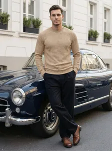 Men Spring Long Sleeve Jacquard Sweatshirt Casual Solid Color Round Neck Polyester Pullover Ribbed Cuff Comfortable Top