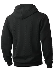 Back view of men's black hooded sweatshirt featuring intricate cable knit jacquard texture