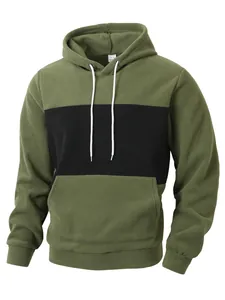 Men's olive green and black color-block fleece hoodie with white drawstrings and pocket