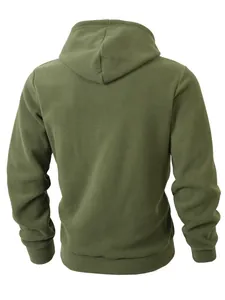 Back view of a men's olive green fleece hoodie showing warm texture and hood detail