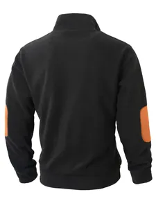 Back view detail of men's black fleece sweatshirt featuring orange elbow patch designs