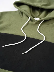 Close-up detail of olive and black color block fleece hoodie with drawstrings