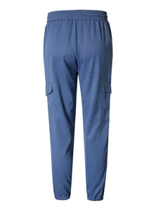 Detailed back view of mens blue multi-pocket cargo joggers with elastic waistband