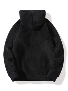 Back view of a black fuzzy fleece hoodie showing soft plush texture and hood detail