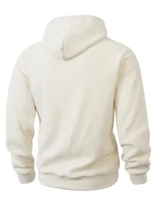 Detailed back view of off-white men's casual fleece hoodie with warm textured fabric