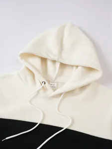 Detailed close-up showing the hood and neckline of a men's color-block fleece hoodie