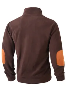 Back view of a men's brown fleece sweatshirt featuring contrast orange elbow patches