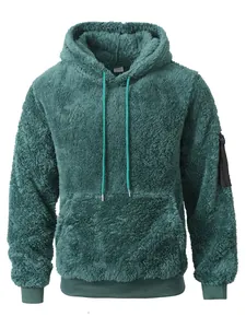 Grüner Sherpa-Fleece-Kapuzenpullover für Herren mit flauschiger Textur und Kängurutasche